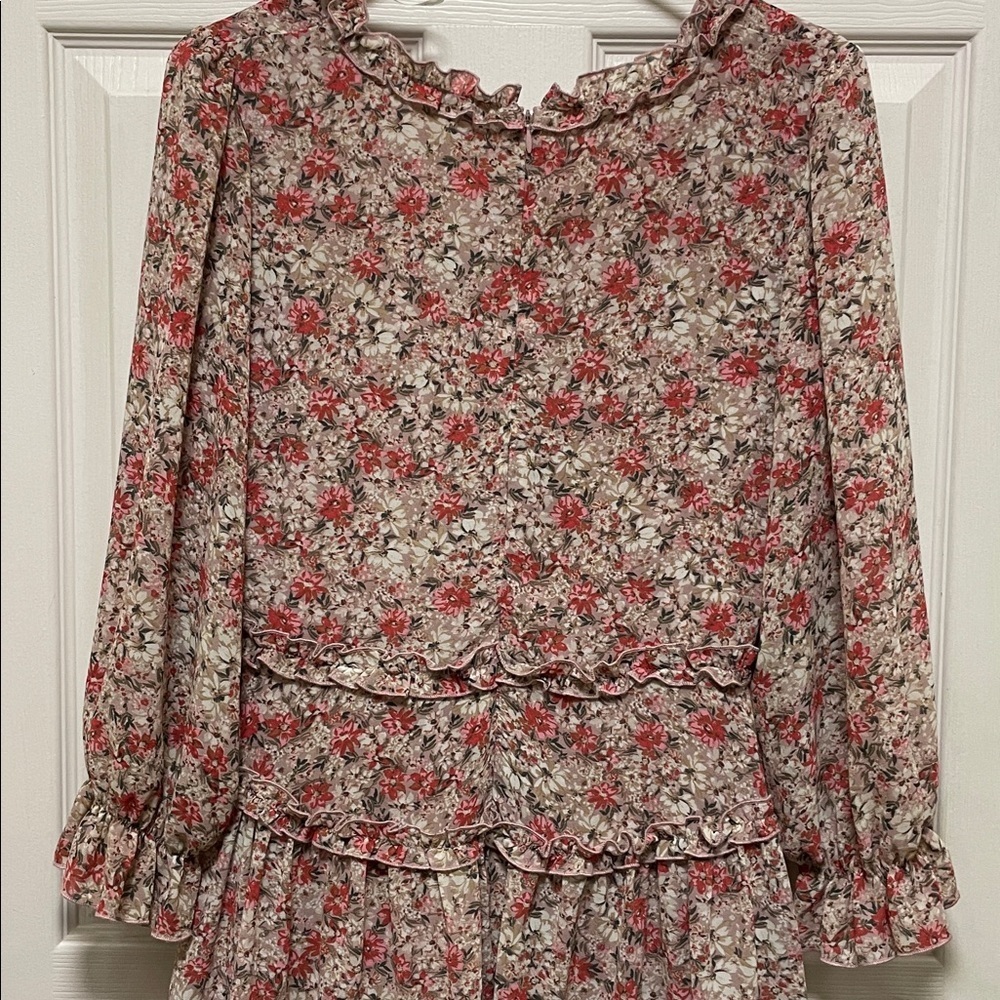Apricot | Floral | Ruffle | Tiered | V-Neck | Long Sleeve | Mini Dress | Size 8 - Picture 8 of 16